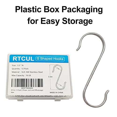 RTCUL S Hooks Heavy Duty 304 Stainless Steel 3.3" Hooks 12 Pack S Shaped Hanging Hooks for Kitchen, Bathroom, Bedroom and Office（0.9in×1.1in×3.3in）