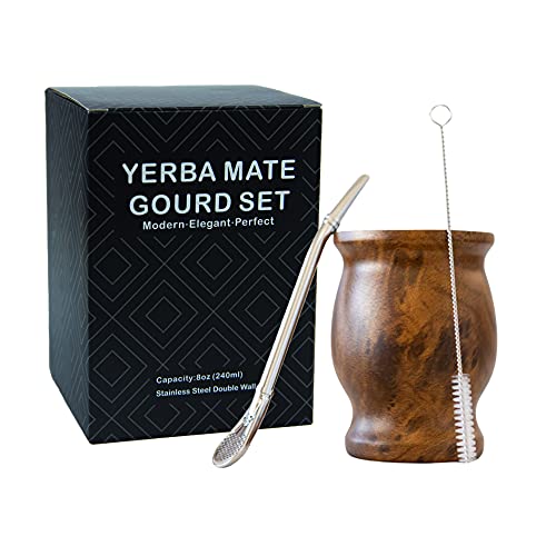 LA FEE Yerba Mate Natural Gourd/Tea Cup Set Brown (Original Traditional Mate Cup - 8 Ounces)，Includes Yerba Mate Straw & Cleaning Brush，Stainless Steel | Double-Walled | Easy to Clean