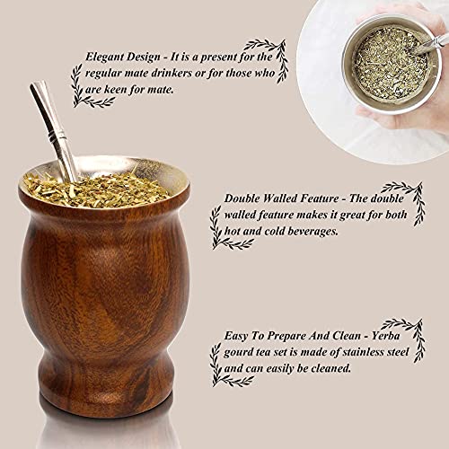 LA FEE Yerba Mate Natural Gourd/Tea Cup Set Brown (Original Traditional Mate Cup - 8 Ounces)，Includes Yerba Mate Straw & Cleaning Brush，Stainless Steel | Double-Walled | Easy to Clean