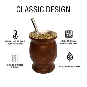 LA FEE Yerba Mate Natural Gourd/Tea Cup Set Brown (Original Traditional Mate Cup - 8 Ounces)，Includes Yerba Mate Straw & Cleaning Brush，Stainless Steel | Double-Walled | Easy to Clean