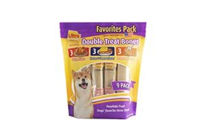 ultra chewy double treat bones, dog treats, made in the usa, healthy treats, easy to digest, promotes dental health, assorted flavors (1 pack/9 bones per pack)