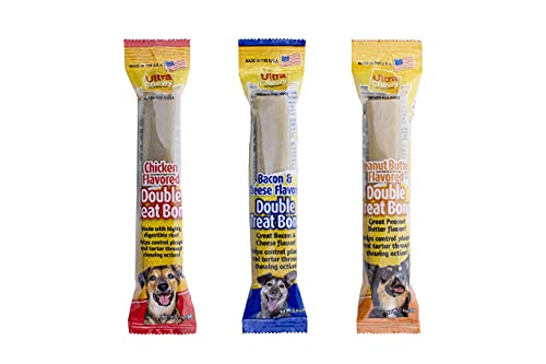 Ultra Chewy Double Treat Bones, Dog Treats, Made in The USA, Healthy Treats, Easy to Digest, Promotes Dental Health, Assorted Flavors (1 Pack/9 Bones Per Pack)