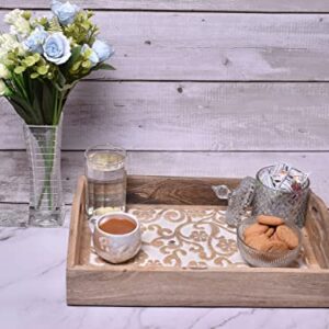 Hand Carved Wooden Breakfast Serving Tray with Handle for Breakfast Tea Snack Dessert | Kitchen Dining Serve-Ware Accessories | 15 x 10 Inches | 2048