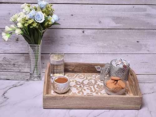 Hand Carved Wooden Breakfast Serving Tray with Handle for Breakfast Tea Snack Dessert | Kitchen Dining Serve-Ware Accessories | 15 x 10 Inches | 2048