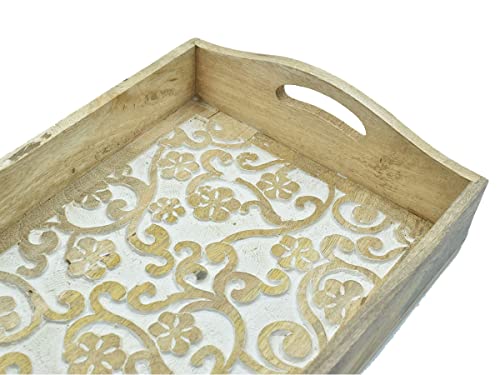 Hand Carved Wooden Breakfast Serving Tray with Handle for Breakfast Tea Snack Dessert | Kitchen Dining Serve-Ware Accessories | 15 x 10 Inches | 2048