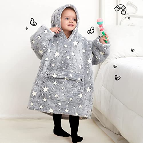 KFUBUO Wearable Blanket Hoodie for Kids Toddlers Sherpa Blanket Sweatshirt With Pocket Cute Hoodies 2-6 Year Old Girl Boy Birthday Gifts Glow in The Dark Stars