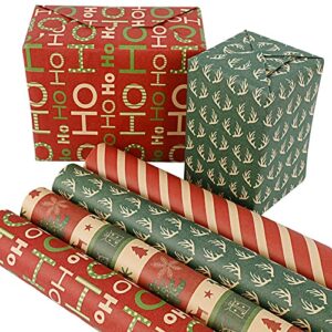 lulu home christmas wrapping paper set, 10ft x 30inch - 4 rolls (100 sq. ft. ttl.) kraft brown wrapping paper, assorted rustic thick gift jumbo wrapping paper for xmas holiday present packaging