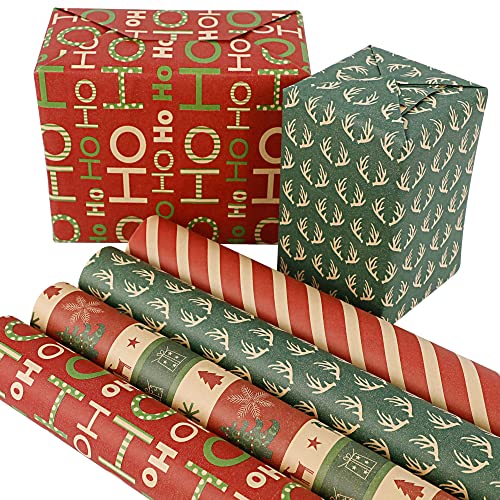 Lulu Home Christmas Wrapping Paper Set, 10ft x 30inch - 4 Rolls (100 sq. ft. ttl.) Kraft Brown Wrapping Paper, Assorted Rustic Thick Gift Jumbo Wrapping Paper for Xmas Holiday Present Packaging