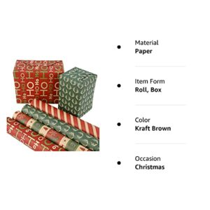 Lulu Home Christmas Wrapping Paper Set, 10ft x 30inch - 4 Rolls (100 sq. ft. ttl.) Kraft Brown Wrapping Paper, Assorted Rustic Thick Gift Jumbo Wrapping Paper for Xmas Holiday Present Packaging