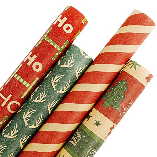 Lulu Home Christmas Wrapping Paper Set, 10ft x 30inch - 4 Rolls (100 sq. ft. ttl.) Kraft Brown Wrapping Paper, Assorted Rustic Thick Gift Jumbo Wrapping Paper for Xmas Holiday Present Packaging