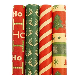 Lulu Home Christmas Wrapping Paper Set, 10ft x 30inch - 4 Rolls (100 sq. ft. ttl.) Kraft Brown Wrapping Paper, Assorted Rustic Thick Gift Jumbo Wrapping Paper for Xmas Holiday Present Packaging