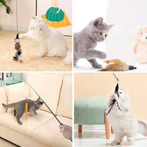 Retractable Cat Wand Toy for Indoor Cats Interactive Cat Feather Toys with Bell 8 Packs Kitten Toys with Fishing Pole Replaceable Worm Feather Tail Cat String Toy Gift for Indoor Outdoor