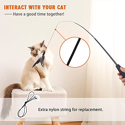 Retractable Cat Wand Toy for Indoor Cats Interactive Cat Feather Toys with Bell 8 Packs Kitten Toys with Fishing Pole Replaceable Worm Feather Tail Cat String Toy Gift for Indoor Outdoor