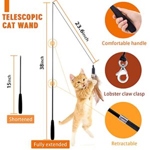 Retractable Cat Wand Toy for Indoor Cats Interactive Cat Feather Toys with Bell 8 Packs Kitten Toys with Fishing Pole Replaceable Worm Feather Tail Cat String Toy Gift for Indoor Outdoor