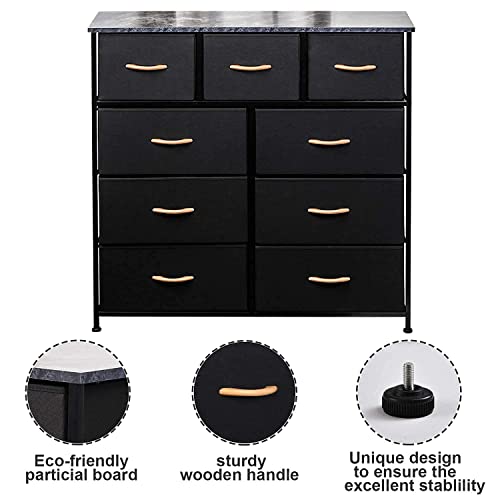 CERBIOR Wide Drawer Dresser Storage Organizer 9-Drawer 7-Drawer Closet Shelves, Sturdy Steel Frame Marbling Wood Top with Easy Pull Fabric Bins for Clothing, Blankets