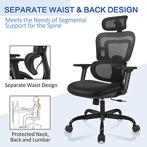 Ergonomic Office Chair, KERDOM Breathable Mesh Desk Chair, Lumbar Support Computer Chair with Flip-up Arms, Swivel Task Chair, Adjustable Height Home Gaming Chair (Black-968)