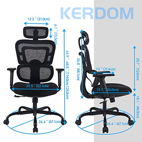 Ergonomic Office Chair, KERDOM Breathable Mesh Desk Chair, Lumbar Support Computer Chair with Flip-up Arms, Swivel Task Chair, Adjustable Height Home Gaming Chair (Black-968)