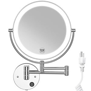 benbilry led wall mounted makeup mirror 9 inch super large size double sided with 1x/10x magnification extendable lighted magnifying vanity mirror with lights 360° swivel round bathroom mirror