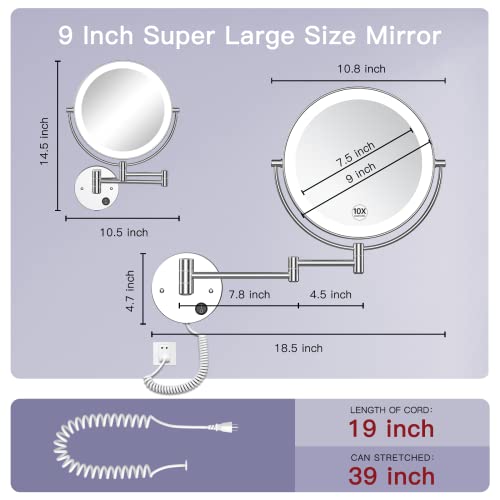Benbilry LED Wall Mounted Makeup Mirror 9 Inch Super Large Size Double Sided with 1x/10x Magnification Extendable Lighted Magnifying Vanity Mirror with Lights 360° Swivel Round Bathroom Mirror