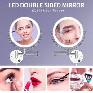 Benbilry LED Wall Mounted Makeup Mirror 9 Inch Super Large Size Double Sided with 1x/10x Magnification Extendable Lighted Magnifying Vanity Mirror with Lights 360° Swivel Round Bathroom Mirror