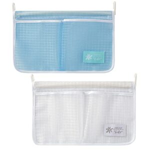 2pcs refrigerator storage mesh bag with hook household kitchen double pocket classification hanging bag refrigerator pantry organizer, blue and white