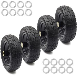 (4-pack) 10‘’ replacement tire for gorilla cart - solid polyurethane flat-free tire and wheel assembly - 3” wide tires with 5/8 axle borehole and 2.1” hub
