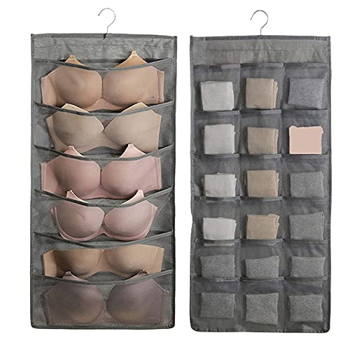 Evealyn Hanging Organizer Underwear Storage Bag 2 Packs, with Mesh Pockets,Rotating Metal Hanger Double Side Socks Underwear Storage Bag 24 Pocket (Gray)