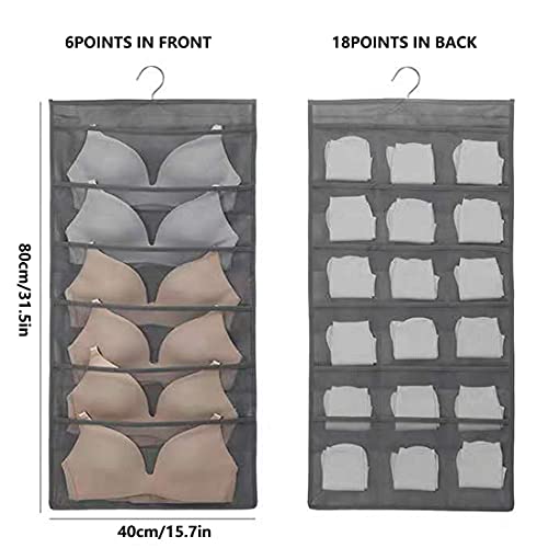 Evealyn Hanging Organizer Underwear Storage Bag 2 Packs, with Mesh Pockets,Rotating Metal Hanger Double Side Socks Underwear Storage Bag 24 Pocket (Gray)