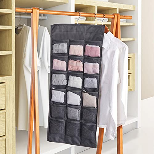 Evealyn Hanging Organizer Underwear Storage Bag 2 Packs, with Mesh Pockets,Rotating Metal Hanger Double Side Socks Underwear Storage Bag 24 Pocket (Gray)