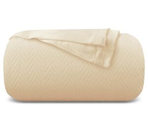 comfortica classics 100% organic cotton super-soft and breathable bed/throw blanket herringbone design - queen, ivory