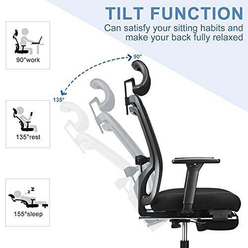 LMIKAF Ergonomic Office Chair with Footrest Support, High Back Desk Chair with 5D Padded Armrest, Lumbar Support, Thick Seat Cushion and Adjustable Headrest - 135° Rocking Mesh Computer Chair