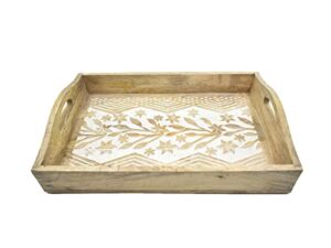 hand carved wooden breakfast serving tray with handle for breakfast tea snack dessert | kitchen dining serve-ware accessories | 15 x 10 inches | 2049