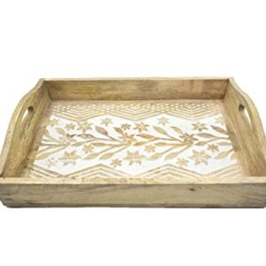 Hand Carved Wooden Breakfast Serving Tray with Handle for Breakfast Tea Snack Dessert | Kitchen Dining Serve-Ware Accessories | 15 x 10 Inches | 2049