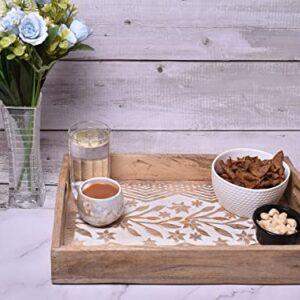 Hand Carved Wooden Breakfast Serving Tray with Handle for Breakfast Tea Snack Dessert | Kitchen Dining Serve-Ware Accessories | 15 x 10 Inches | 2049