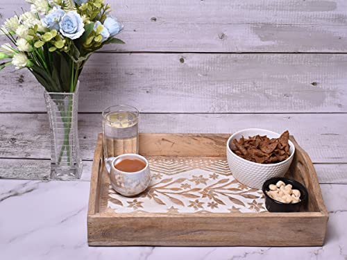 Hand Carved Wooden Breakfast Serving Tray with Handle for Breakfast Tea Snack Dessert | Kitchen Dining Serve-Ware Accessories | 15 x 10 Inches | 2049