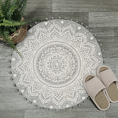 Uphome Small Round Rug 2.3’ Grey Mandala Boho Bathroom Rugs with Pom Poms Fringe Washable Circle Shower Mat Soft Non-Slip Cute Circular Throw Rug for Sink Powder Room Bedroom Kids Room Nursery