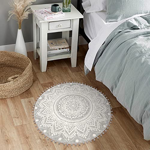 Uphome Small Round Rug 2.3’ Grey Mandala Boho Bathroom Rugs with Pom Poms Fringe Washable Circle Shower Mat Soft Non-Slip Cute Circular Throw Rug for Sink Powder Room Bedroom Kids Room Nursery