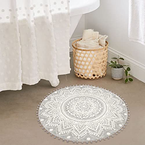 Uphome Small Round Rug 2.3’ Grey Mandala Boho Bathroom Rugs with Pom Poms Fringe Washable Circle Shower Mat Soft Non-Slip Cute Circular Throw Rug for Sink Powder Room Bedroom Kids Room Nursery