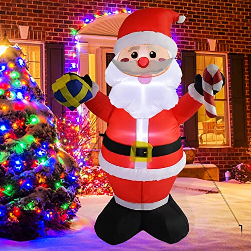 MRTREUP 5 ft Christmas Inflatables Santa Claus with LED Lights for Holiday Outdoor and Indoor Yard Decoration, Christmas Inflatable Outdoor Smiley Santa Claus Holding Gift Box and Candy Cane