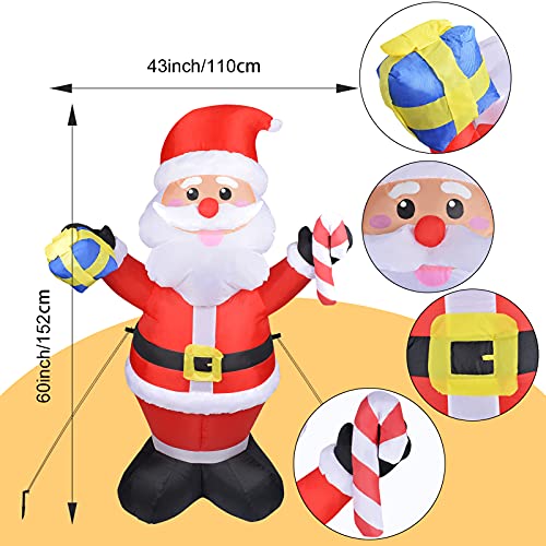 MRTREUP 5 ft Christmas Inflatables Santa Claus with LED Lights for Holiday Outdoor and Indoor Yard Decoration, Christmas Inflatable Outdoor Smiley Santa Claus Holding Gift Box and Candy Cane