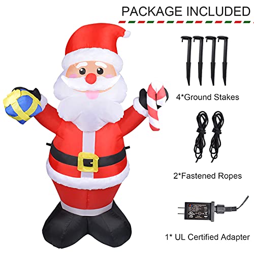 MRTREUP 5 ft Christmas Inflatables Santa Claus with LED Lights for Holiday Outdoor and Indoor Yard Decoration, Christmas Inflatable Outdoor Smiley Santa Claus Holding Gift Box and Candy Cane