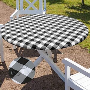 smiry round table cloth cover, elastic waterproof fitted vinyl table covers for 36"-44" tables, flannel backed buffalo plaid tablecloth for picnic, camping, indoor and outdoor, black and white