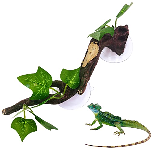 PINVNBY Reptile Corner Branch Resin Climb Tree Branch Decor with Leaves Terrarium Plant Decoration with Suction Cup Gecko Plant Ornament for Amphibian Lizard Snake Climbing 