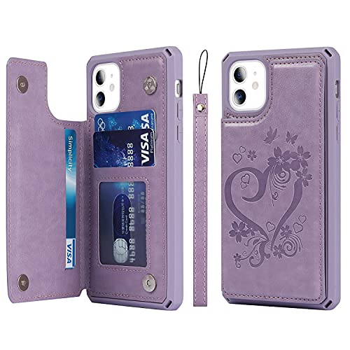 Cavor for iPhone 11 Phone Case with Card Holder,Wallet Case with Credit Card Holders for Women Men[Card Slots] [with Strap] PU Leather Shockproof Cover for iPhone 11-Heart Purple