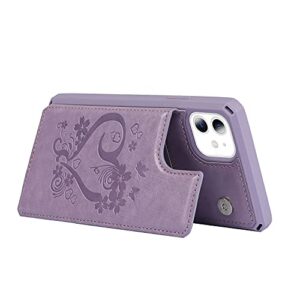 Cavor for iPhone 11 Phone Case with Card Holder,Wallet Case with Credit Card Holders for Women Men[Card Slots] [with Strap] PU Leather Shockproof Cover for iPhone 11-Heart Purple