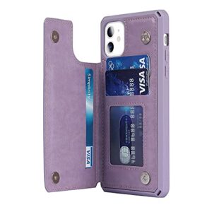 Cavor for iPhone 11 Phone Case with Card Holder,Wallet Case with Credit Card Holders for Women Men[Card Slots] [with Strap] PU Leather Shockproof Cover for iPhone 11-Heart Purple