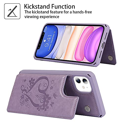 Cavor for iPhone 11 Phone Case with Card Holder,Wallet Case with Credit Card Holders for Women Men[Card Slots] [with Strap] PU Leather Shockproof Cover for iPhone 11-Heart Purple