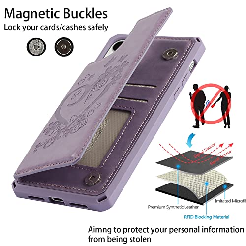 Cavor for iPhone 11 Phone Case with Card Holder,Wallet Case with Credit Card Holders for Women Men[Card Slots] [with Strap] PU Leather Shockproof Cover for iPhone 11-Heart Purple