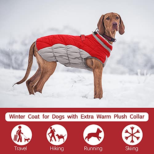 FUAMEY Dog Coat,Warm Dog Jacket Winter Coat Paded Dog Fleece Vest Reflective Dog Cold Weather Coats with Built in Harness Waterproof Windproof Dog Snow Jacket Clothes with Zipper Red Small