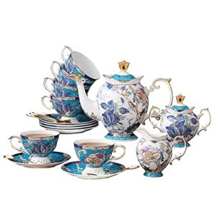acmlife bone china coffee tea sets, 21-piece porcelain tea cup set, tea cup and saucer set service for 6 with 34 ounces teapot,sugar bowl,creamer pitcher and teaspoons, christmas gifts for women